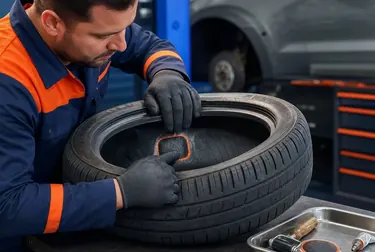 Profissional consertando um pneu em uma borracharia.